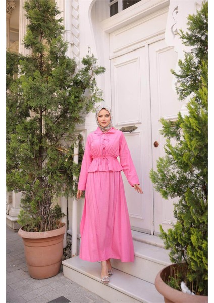 Gömlek Yaka Büzgülü, Bağcıklı Kısa Tunik Dökümlü Etek Takımı - (38-46) - 71291 - Fuşya