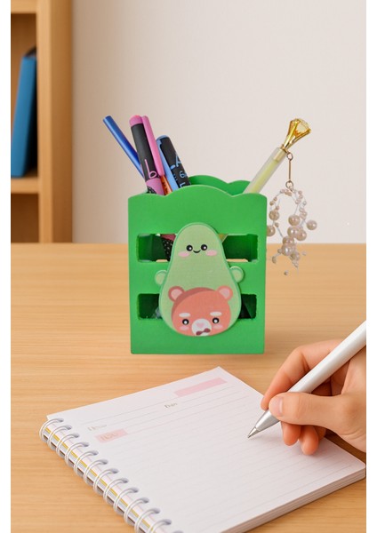 Ahşap Masaüstü Kalemlik Sevimli Avakado Ayı Yeşil- 1 Adet