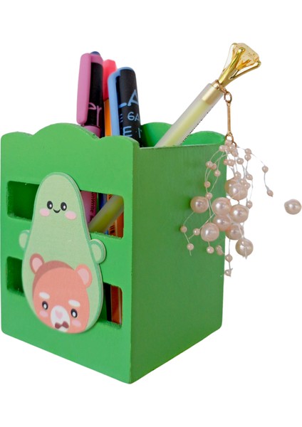 Ahşap Masaüstü Kalemlik Sevimli Avakado Ayı Yeşil- 1 Adet fiyatları