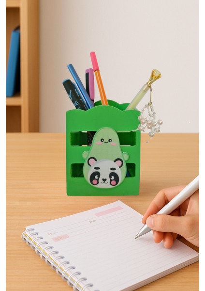 Ahşap Masaüstü Kalemlik Sevimli Avakado Panda Yeşil- 1 Adet