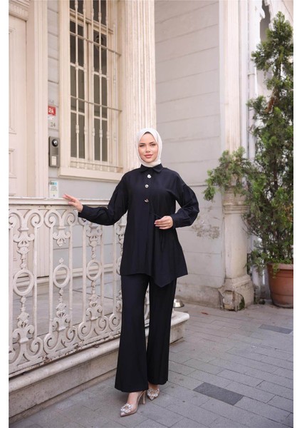 Gömlek Yaka Belden Yarı Bağcıklı Cepli Metal Düğme Detaylı Ikili Tesettür Eşofman Takımı - (38-46) - 71293 - Siyah