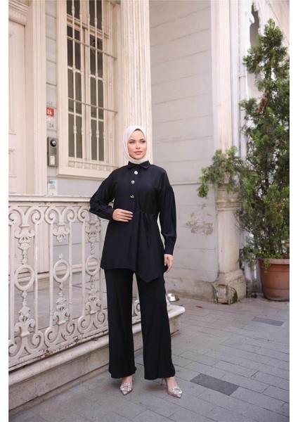 Gömlek Yaka Belden Yarı Bağcıklı Cepli Metal Düğme Detaylı Ikili Tesettür Eşofman Takımı - (38-46) - 71293 - Siyah fiyatları