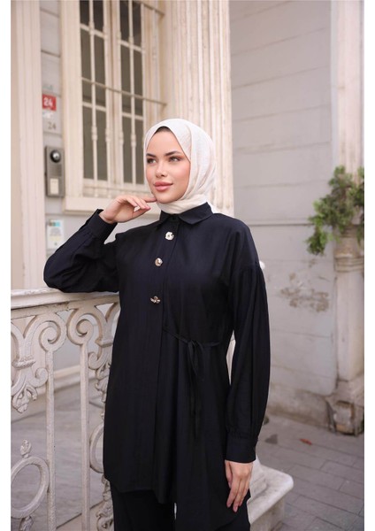 Gömlek Yaka Belden Yarı Bağcıklı Cepli Metal Düğme Detaylı Ikili Tesettür Eşofman Takımı - (38-46) - 71293 - Siyah fırsatları