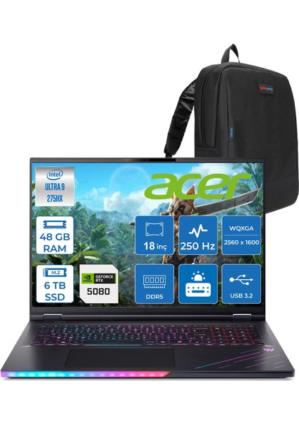 Predator PH18-73 Intel Core Ultra 9 275HX 48GB 6tb Freedos 16GB RTX5080 18'' WQXGA(2560 x 1600) IPS 250HZ Taşınabilir Bilgisayar NHQVZEY001F11 + Zetta Çanta