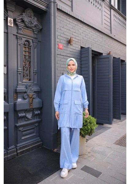 Fermuarlı Kapşonlu Cepli Kısa Ikili Tesettür Eşofman Takımı - (38-46) - 71280 - Indigo