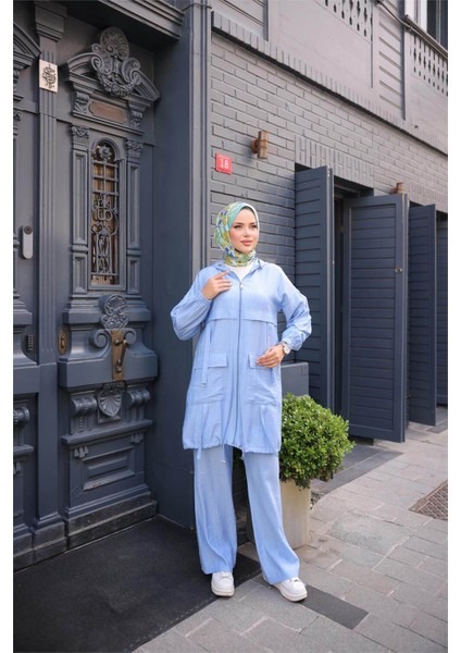 Fermuarlı Kapşonlu Cepli Kısa Ikili Tesettür Eşofman Takımı - (38-46) - 71280 - Indigo fiyatları