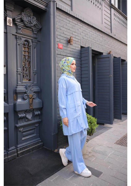 Fermuarlı Kapşonlu Cepli Kısa Ikili Tesettür Eşofman Takımı - (38-46) - 71280 - Indigo modelleri