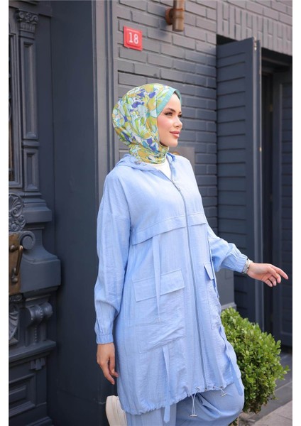 Fermuarlı Kapşonlu Cepli Kısa Ikili Tesettür Eşofman Takımı - (38-46) - 71280 - Indigo fırsatları