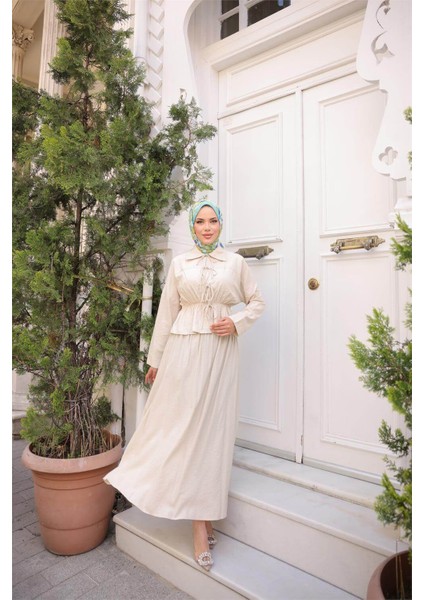 Gömlek Yaka Büzgülü, Bağcıklı Kısa Tunik Dökümlü Etek Takımı - (38-46) - 71291 - Bej fiyatları