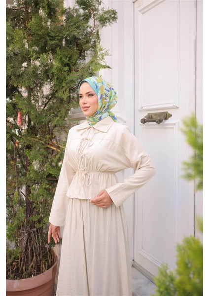 Gömlek Yaka Büzgülü, Bağcıklı Kısa Tunik Dökümlü Etek Takımı - (38-46) - 71291 - Bej fırsatları