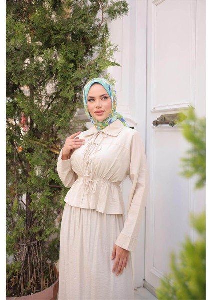 Gömlek Yaka Büzgülü, Bağcıklı Kısa Tunik Dökümlü Etek Takımı - (38-46) - 71291 - Bej indirimleri