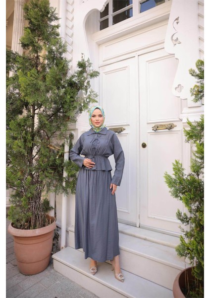 Gömlek Yaka Büzgülü, Bağcıklı Kısa Tunik Dökümlü Etek Takımı - (38-46) - 71291 - Füme fiyatları