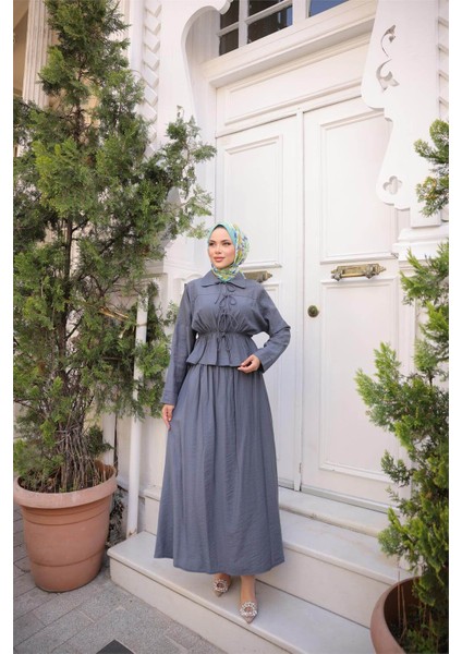Gömlek Yaka Büzgülü, Bağcıklı Kısa Tunik Dökümlü Etek Takımı - (38-46) - 71291 - Füme modelleri