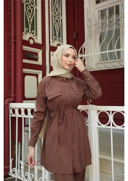 Gömlek Yaka Belden Bağcıklı Kısa Tunik Ikili Tesettür Eşofman Takımı - (38-46) - 71299 - Kahverengi fırsatları