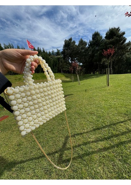 Bej Boncuklu Incili Çanta, Şık ve Kullanışlı, Güzel Tasarım ve Detaylar.