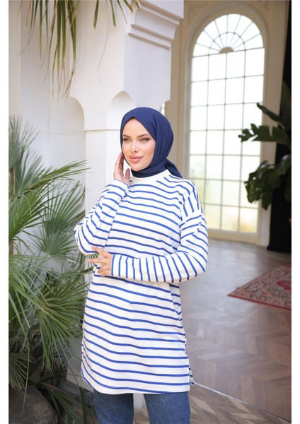 O Yaka Yatay Çizgili Uzun Kollu Kısa Yırtmaçlı Tunik - (38-46) - 71295 - Saks