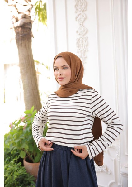 O Yaka Yatay Çizgili Uzun Kollu Kısa Yırtmaçlı Kısa Tunik - (38-46) - 71296 - Kahverengi