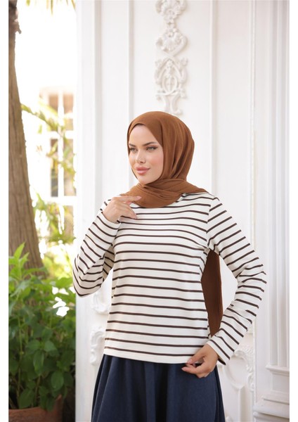 O Yaka Yatay Çizgili Uzun Kollu Kısa Yırtmaçlı Kısa Tunik - (38-46) - 71296 - Kahverengi modelleri