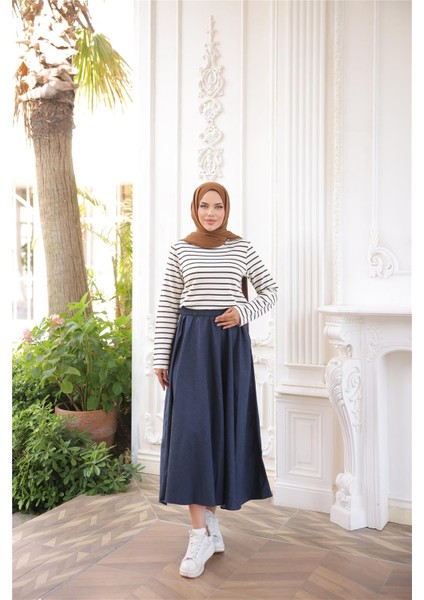 O Yaka Yatay Çizgili Uzun Kollu Kısa Yırtmaçlı Kısa Tunik - (38-46) - 71296 - Kahverengi fırsatları