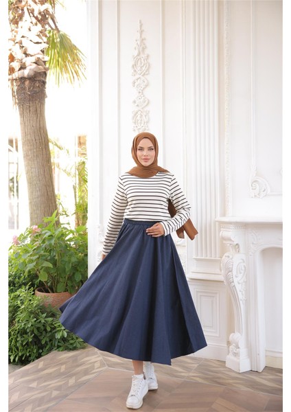 O Yaka Yatay Çizgili Uzun Kollu Kısa Yırtmaçlı Kısa Tunik - (38-46) - 71296 - Kahverengi indirimleri