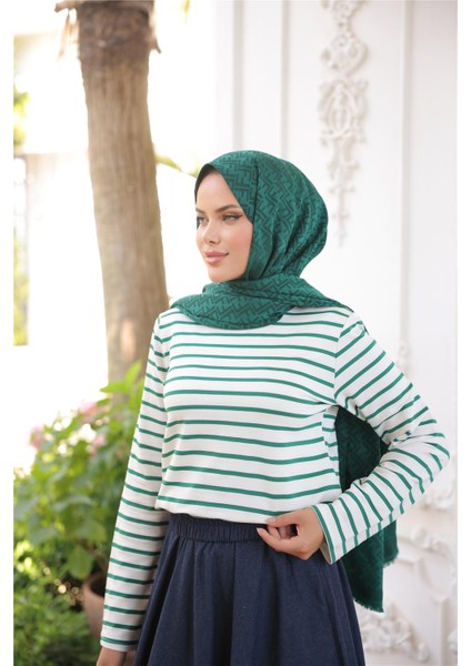 O Yaka Yatay Çizgili Uzun Kollu Kısa Yırtmaçlı Kısa Tunik - (38-46) - 71296 - Koyu Yeşil