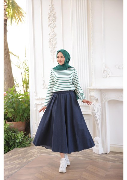 O Yaka Yatay Çizgili Uzun Kollu Kısa Yırtmaçlı Kısa Tunik - (38-46) - 71296 - Koyu Yeşil fiyatları