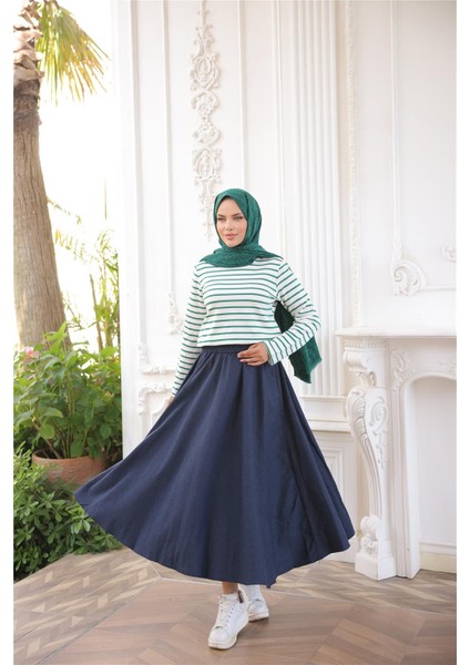 O Yaka Yatay Çizgili Uzun Kollu Kısa Yırtmaçlı Kısa Tunik - (38-46) - 71296 - Koyu Yeşil modelleri