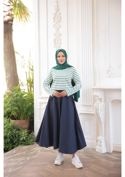 O Yaka Yatay Çizgili Uzun Kollu Kısa Yırtmaçlı Kısa Tunik - (38-46) - 71296 - Koyu Yeşil fırsatları