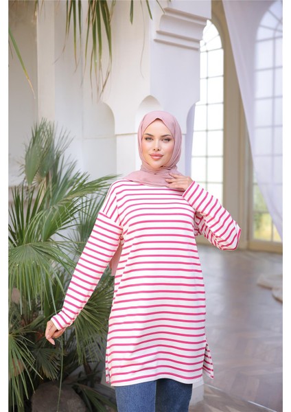 O Yaka Yatay Çizgili Uzun Kollu Kısa Yırtmaçlı Tunik - (38-46) - 71295 - Fuşya