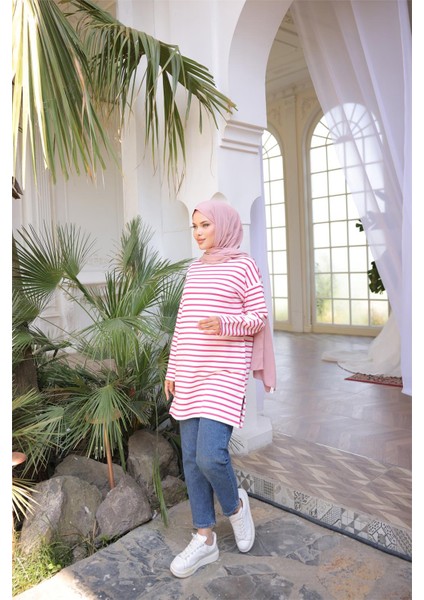 O Yaka Yatay Çizgili Uzun Kollu Kısa Yırtmaçlı Tunik - (38-46) - 71295 - Fuşya modelleri