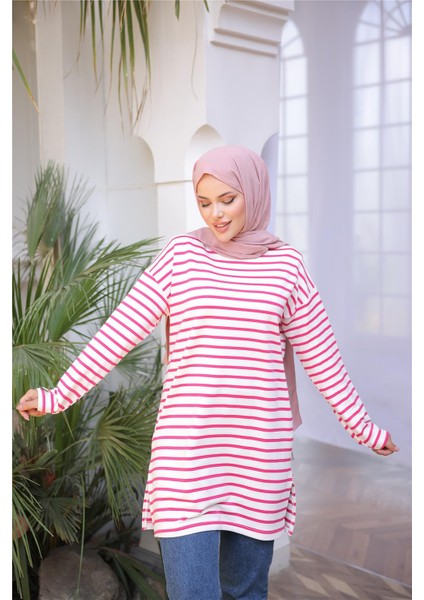 O Yaka Yatay Çizgili Uzun Kollu Kısa Yırtmaçlı Tunik - (38-46) - 71295 - Fuşya indirimleri