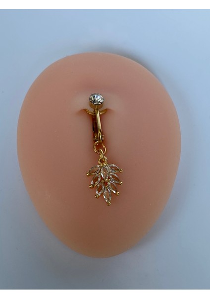 Yaprak Figürlü Zirkon Taşlı Deliksiz Kullanım Sıkıştırmalı Göbek Piercingi