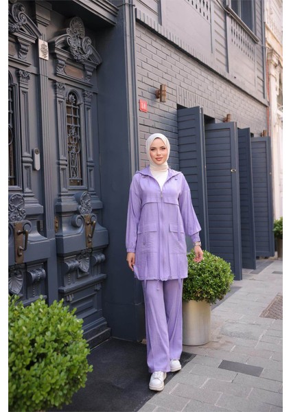 Fermuarlı Kapşonlu Cepli Kısa Ikili Tesettür Eşofman Takımı - (38-46) - 71280 - Lila
