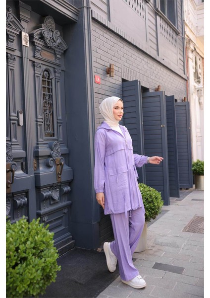 Fermuarlı Kapşonlu Cepli Kısa Ikili Tesettür Eşofman Takımı - (38-46) - 71280 - Lila modelleri