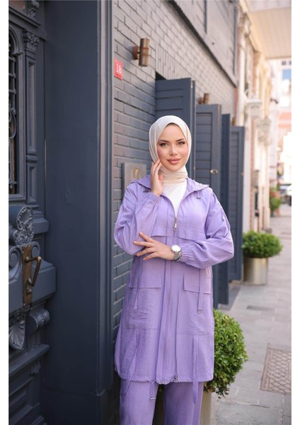 Fermuarlı Kapşonlu Cepli Kısa Ikili Tesettür Eşofman Takımı - (38-46) - 71280 - Lila fırsatları