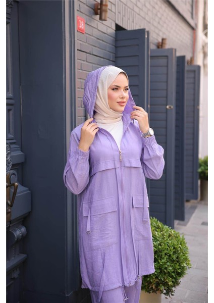 Fermuarlı Kapşonlu Cepli Kısa Ikili Tesettür Eşofman Takımı - (38-46) - 71280 - Lila indirimleri