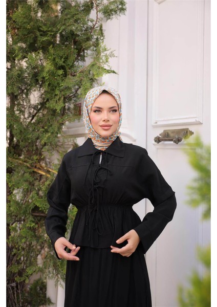 Gömlek Yaka Büzgülü, Bağcıklı Kısa Tunik Dökümlü Etek Takımı - (38-46) - 71291 - Siyah modelleri