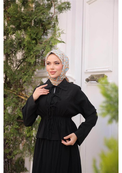 Gömlek Yaka Büzgülü, Bağcıklı Kısa Tunik Dökümlü Etek Takımı - (38-46) - 71291 - Siyah fırsatları