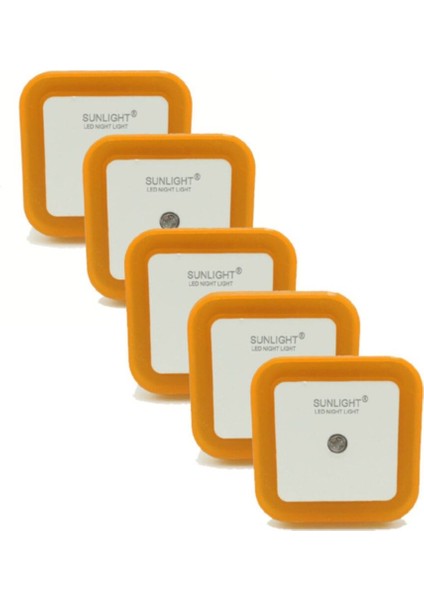 Kare LED Gece Lambası 0,5W, Işıklı, Fişli, Fotosel Sensörlü, 5'li Sarı Set