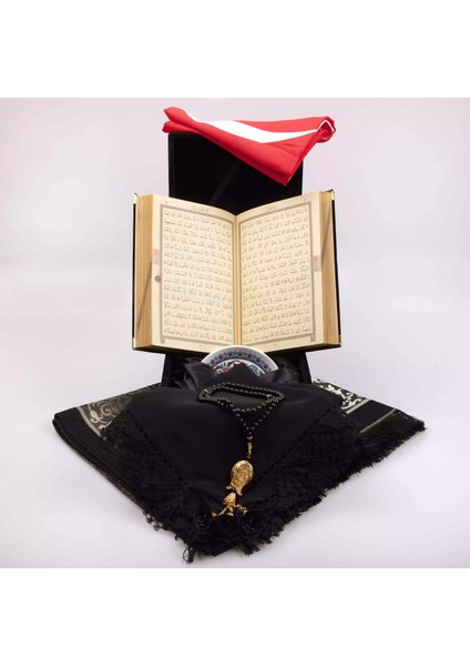 Bayrak + Fincan + Şal + Seccade + Tesbih + Kuran Hediye Seti (Hafız Boy, Kabe Motifli) fırsatları