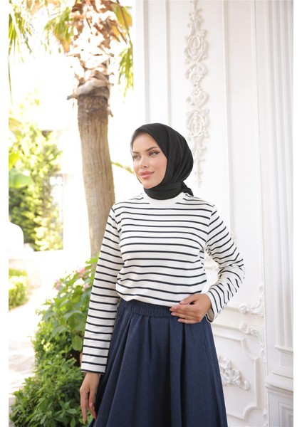 O Yaka Yatay Çizgili Uzun Kollu Kısa Yırtmaçlı Kısa Tunik - (38-46) - 71296 - Siyah