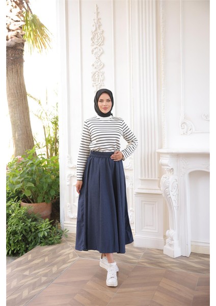 O Yaka Yatay Çizgili Uzun Kollu Kısa Yırtmaçlı Kısa Tunik - (38-46) - 71296 - Siyah fiyatları