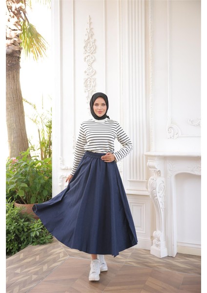 O Yaka Yatay Çizgili Uzun Kollu Kısa Yırtmaçlı Kısa Tunik - (38-46) - 71296 - Siyah modelleri