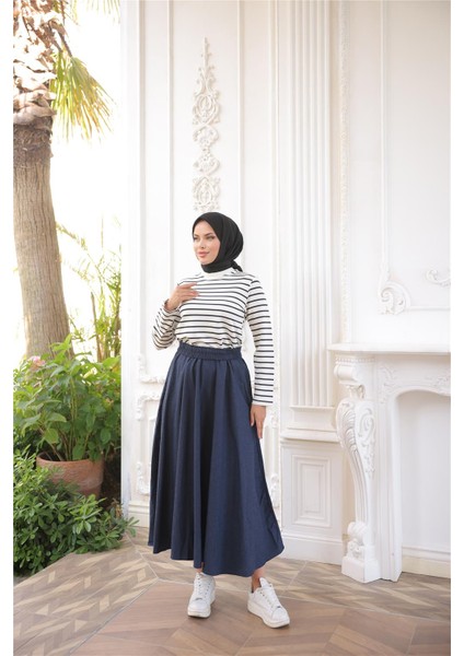 O Yaka Yatay Çizgili Uzun Kollu Kısa Yırtmaçlı Kısa Tunik - (38-46) - 71296 - Siyah fırsatları