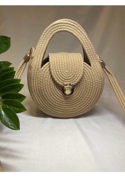 El Yapımı Bej Jüt Ip Omuz Çantası, Şık ve Kullanışlı Tasarım