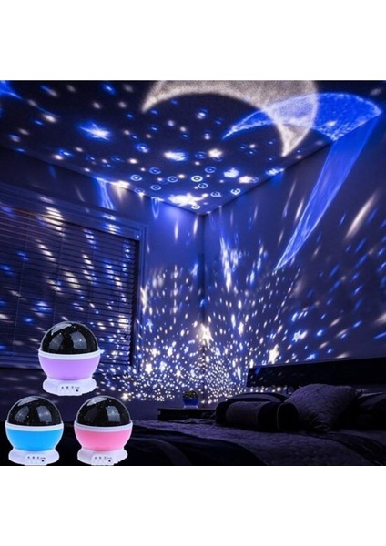 Renkli Ay Yıldız Tavan Yansıtma Pilli LED Gece Lambası Gökyüzü Projeksiyonlu Küre