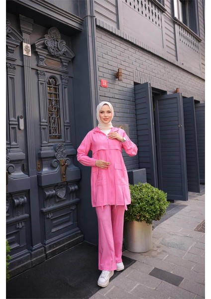 Fermuarlı Kapşonlu Cepli Kısa Ikili Tesettür Eşofman Takımı - (38-46) - 71280 - Fuşya