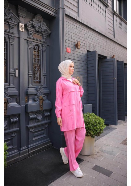 Fermuarlı Kapşonlu Cepli Kısa Ikili Tesettür Eşofman Takımı - (38-46) - 71280 - Fuşya fiyatları