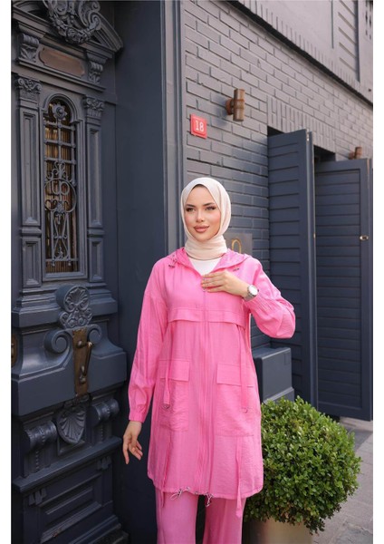 Fermuarlı Kapşonlu Cepli Kısa Ikili Tesettür Eşofman Takımı - (38-46) - 71280 - Fuşya modelleri