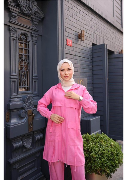 Fermuarlı Kapşonlu Cepli Kısa Ikili Tesettür Eşofman Takımı - (38-46) - 71280 - Fuşya fırsatları
